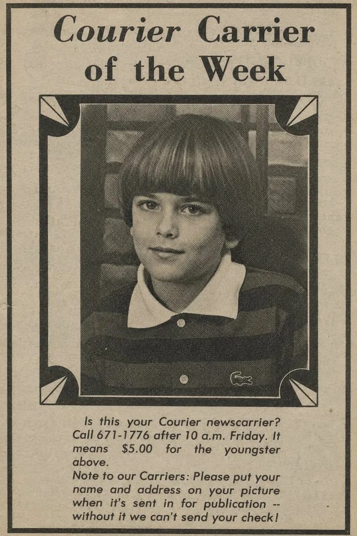 Newspaper clipping featuring twelve-year-old Tim Morin as Courier Carrier of the Week
